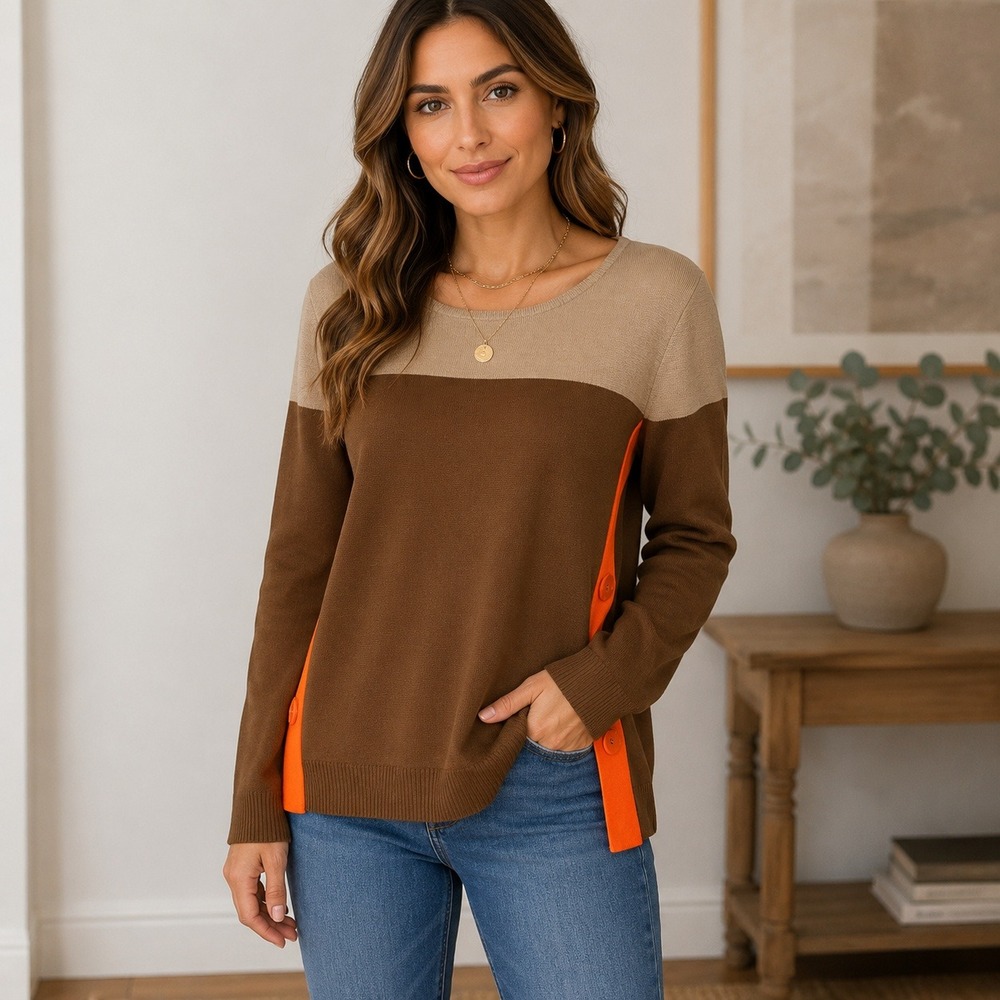 Seventy Venezia Brown Tan Orange Colorblock Snap Side Sweater TG‎ 44 USA 8-10